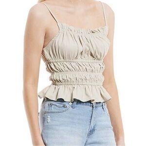 Gianni Bini LINEN Cream Ruched Smocked Camisole monochrome neutral linen cami